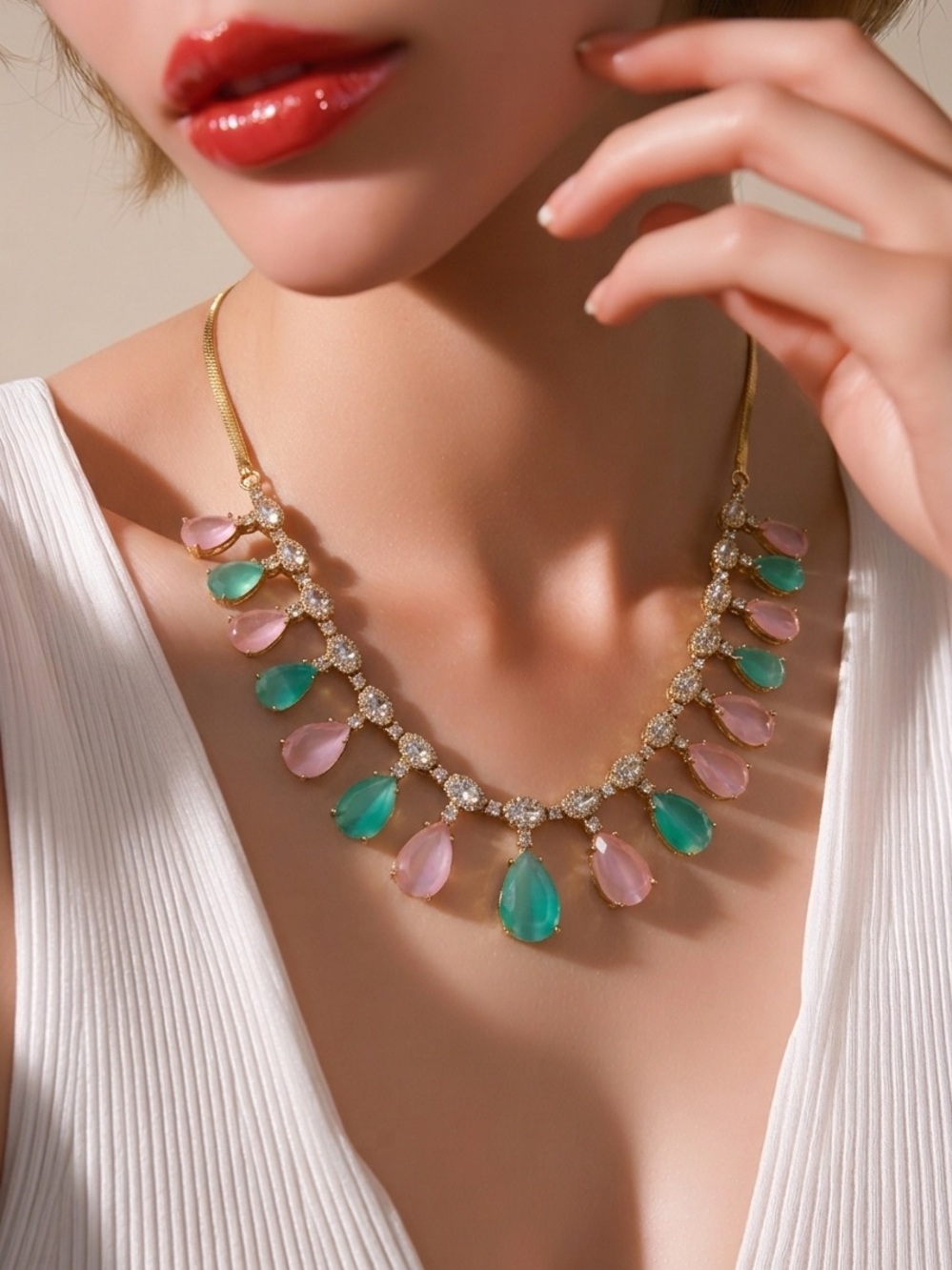 Gold Statement Necklace with Pink and mint Green Teardrop Stones